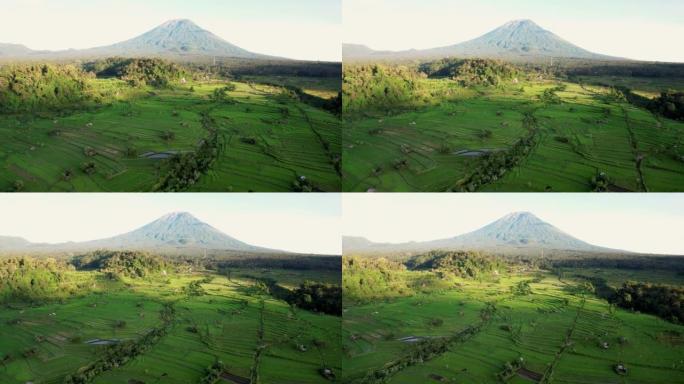 空中无人驾驶飞机拍摄巴厘岛火山，飞越稻田和梯田。多云的天空。