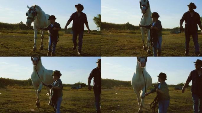 Experienced elderly male farmer teaching little so