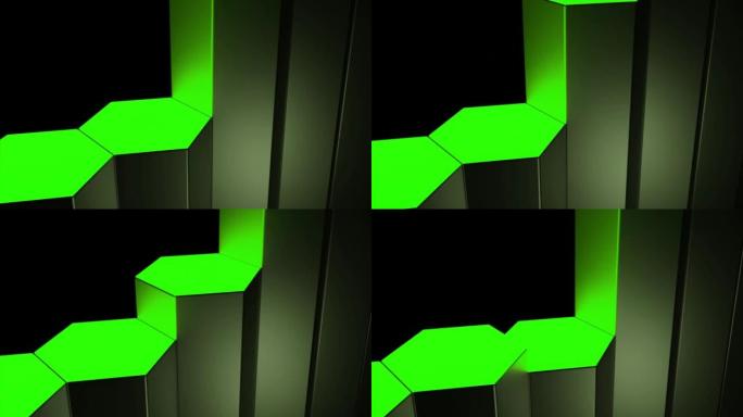 六角形的3D垂直绿色条在黑色背景上一一升起，无缝循环。设计。三维图表的可视化。