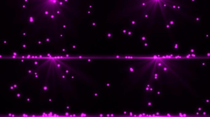 4k分辨率透明粒子弹跳和展开地板数字背景，阿尔法通道，叠加，弹跳和爆炸发光的紫色粒子球，慢慢落下击中