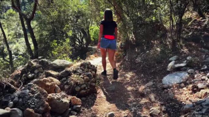 活跃的女性游客走在峡谷的山林小径上。女孩旅行者保持积极健康的生活方式，早上在森林里徒步旅行和徒步旅行