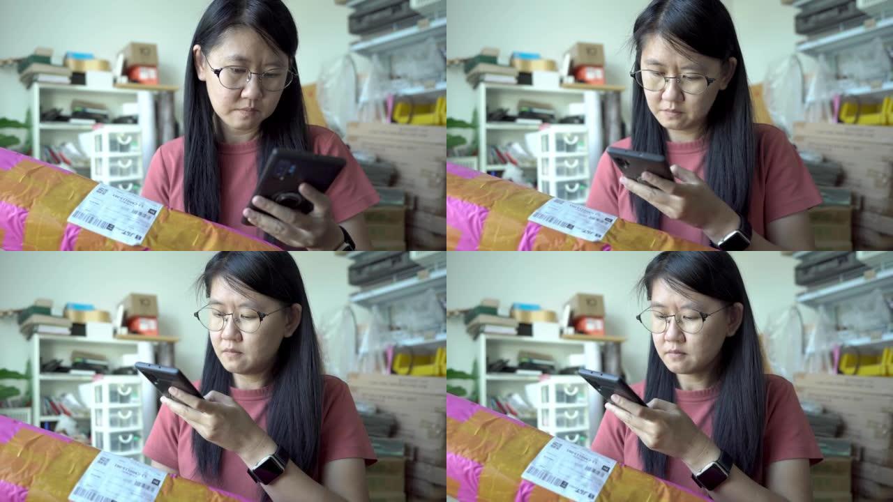 亚洲女性在移动购物应用程序上拍照评论。