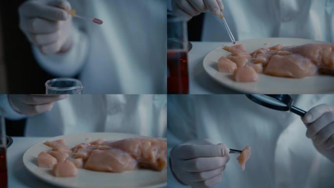 遗传学实验室技术人员从带有移液管的玻璃小瓶中获取红色液体，并将其应用于鸡柳。转基因检测实验室。转基因