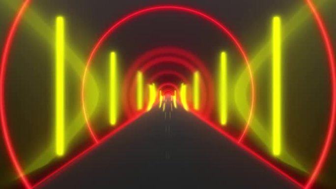 4k红色和黄色径向氖数字环路隧道。未来派霓虹灯紫外线荧光隧道动画黑色背景。穿越明亮的走廊，抽象的背景