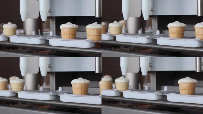生产自动生产冰淇淋蛋筒。华夫饼杯传送带，焦糖布丁。糖果现代工厂。食品乳制品行业，自动化技术设备和工程
