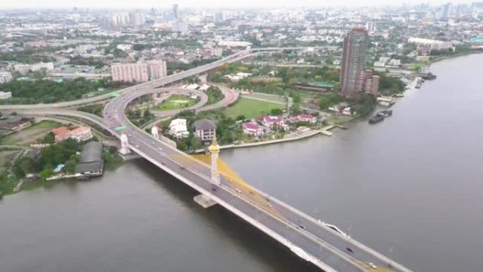 曼谷市中心附近公路和桥梁的鸟瞰图