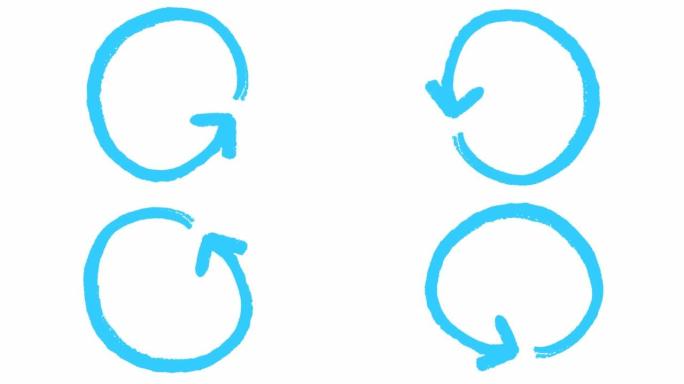 圆圈箭头的动画图标。蓝色符号旋转。循环视频。手绘矢量插图孤立在白色背景上。