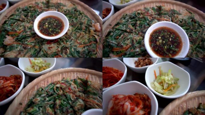 韩国海鲜pajeon煎饼或葱披萨和泡菜4k