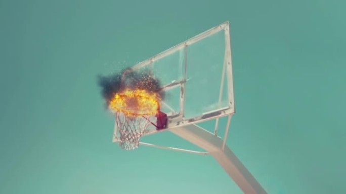 篮筐在火运动背景下的篮球进球