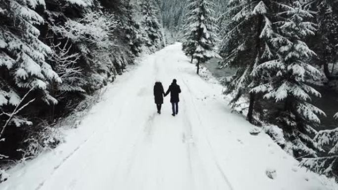 在大雪覆盖的高大圣诞树中，两个相爱的人在路上散步。