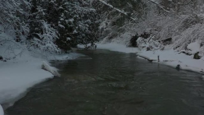 慢慢地推下一条宁静多雪的冬季河流。