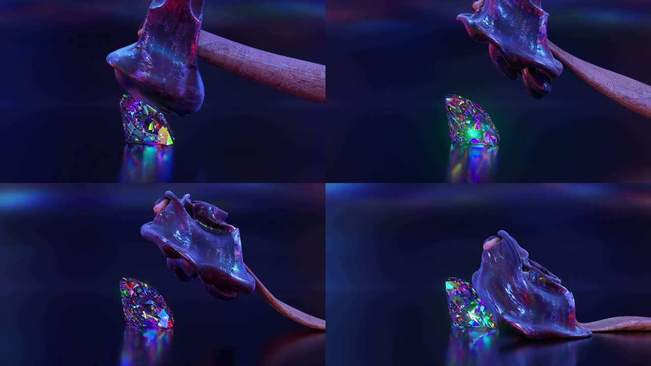 抽象概念。锤子在击中一颗大钻石后展开。液体形式。闪闪发光的钻石。蓝色霓虹色