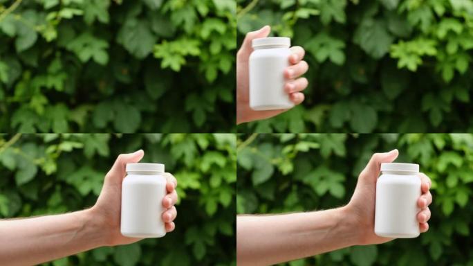 一个白色塑料罐，手里有盖子，从左侧出现。特写，复制空间，标签或品牌的地方。