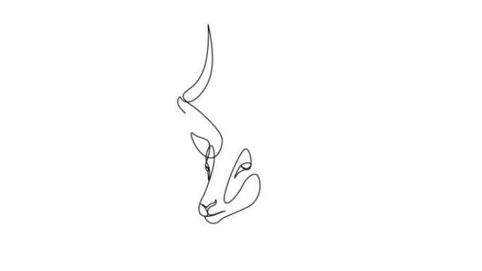 可爱的瞪羚头的一个连续线条画的动画自画。可爱羚羊动物吉祥物概念图标。全长单行动画。