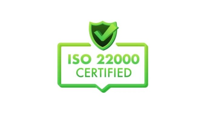ISO 22000认证徽章，图标。认证印章。平面设计运动图形4k