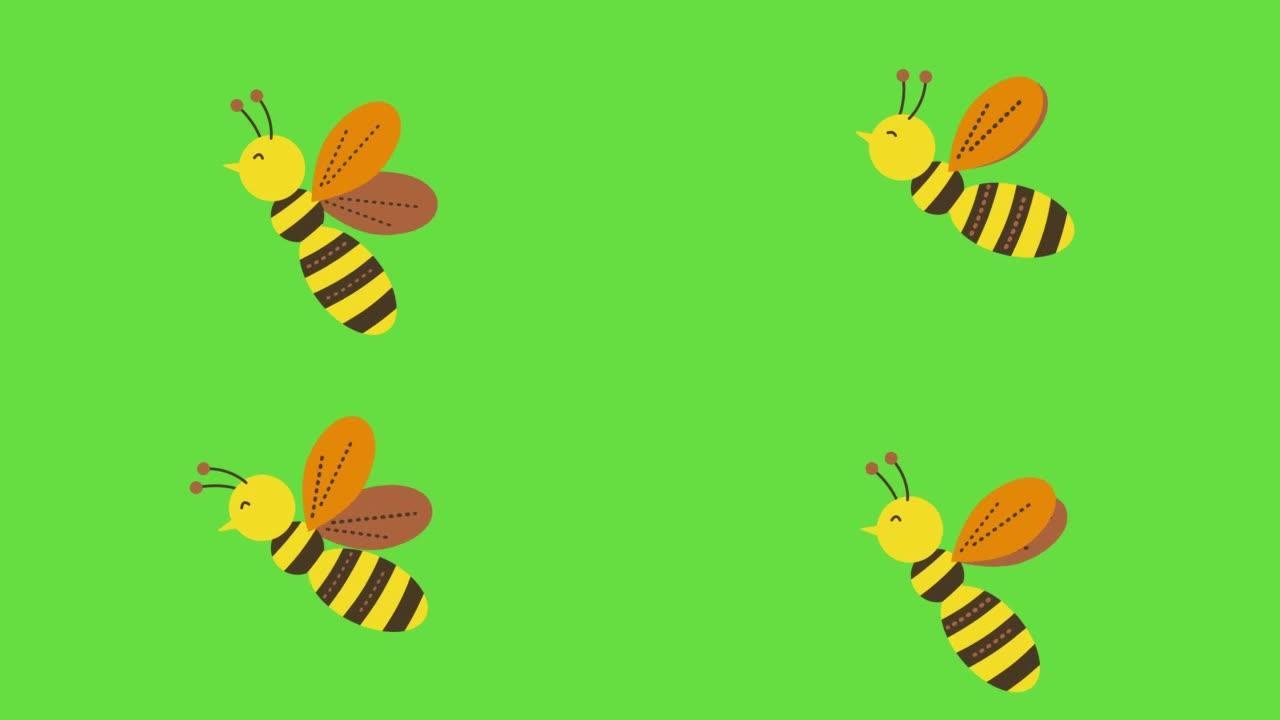 绿色背景上的卡通蜜蜂4k视频。