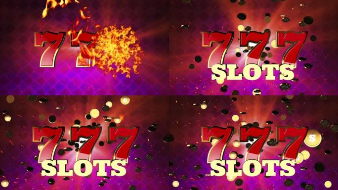 爆炸头奖3D动画老虎机，带有飞舞的金币火花和火灾爆炸背景。插槽上的777头奖符号。横幅动画。