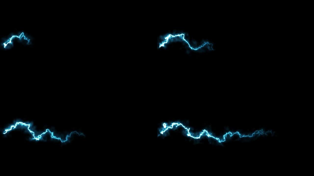 在黑色背景上快速移动能量路径。强大的蓝色放电。魔波造型动画。未来技术效应。