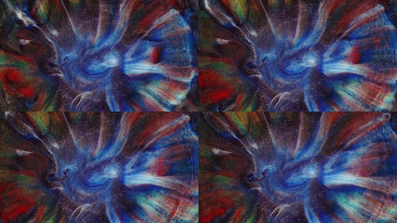 彩色抽象纹理的液体大理石，液体艺术。抽象蓝白红金漩涡暗背景视频设计。
