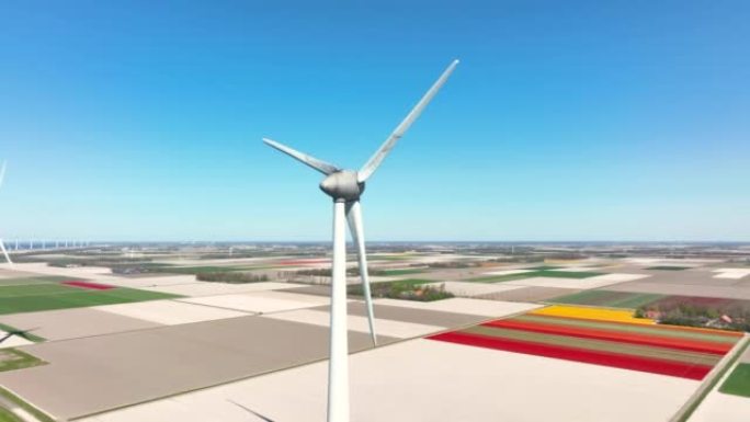 背景中带有开花郁金香的农田的风力涡轮机的鸟瞰图