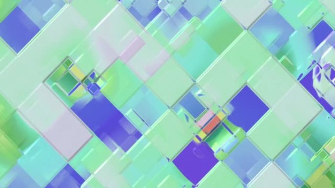 闪烁的动画抽象背景与移动的绿蓝方块。以柔和的颜色闪烁正方形。迪斯科灯。非常适合设计创意项目和艺术空间