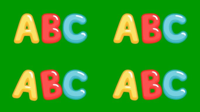 动画搞笑彩色字母ABC。绿色背景上孤立的明亮矢量插图。