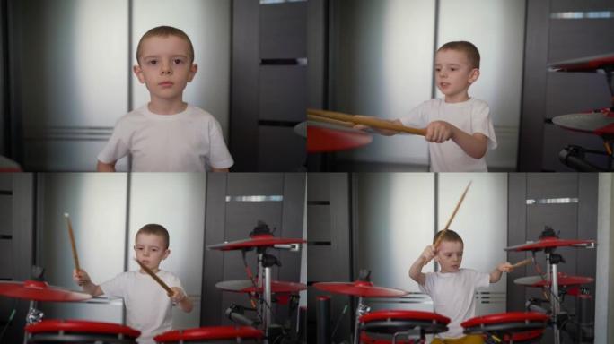 鼓手男孩在家练习打鼓。一个年轻的男孩，是摇滚乐队的才华横溢的鼓手。一个漂亮又酷的美国少年在家里演奏鼓