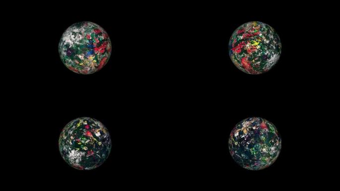 无限循环3D抽象科幻彩色垃圾球在黑色背景上旋转动画。4k无缝循环隔离透明视频动画文本与阿尔法通道使用