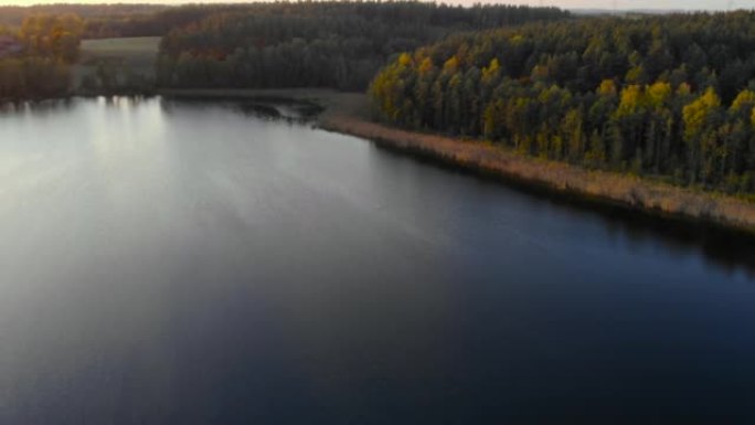 夕阳下清湖天空的倒影。池塘早晨日出。碧蓝的大湖的史诗般的俯视图。空中无人机视图秋天五颜六色的树木。鸟