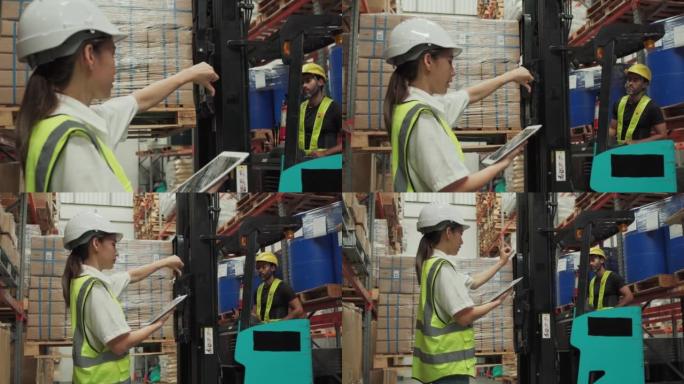 亚洲仓库工人女性在零售购物中心使用数字平板电脑检查库存水平寻找商品。年轻的女员工在配送仓库检查库存。