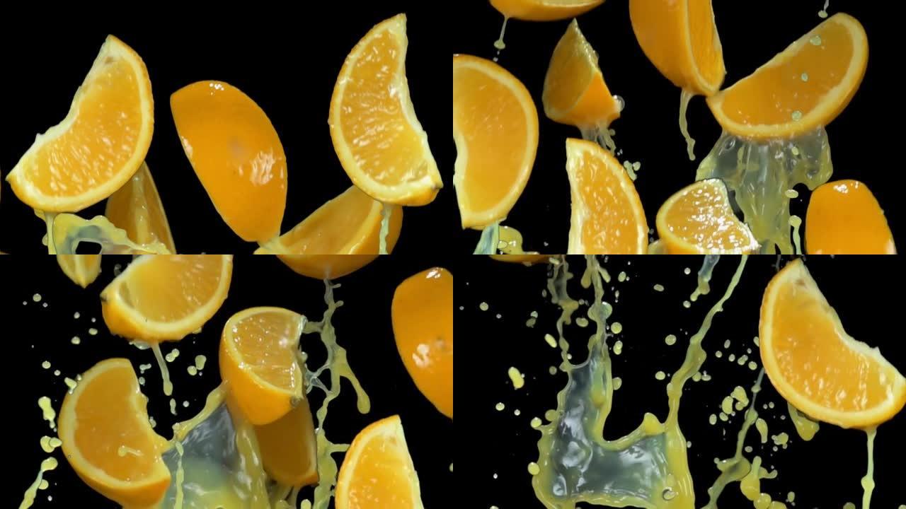 橙子薄片随着橙汁的飞溅而跳动