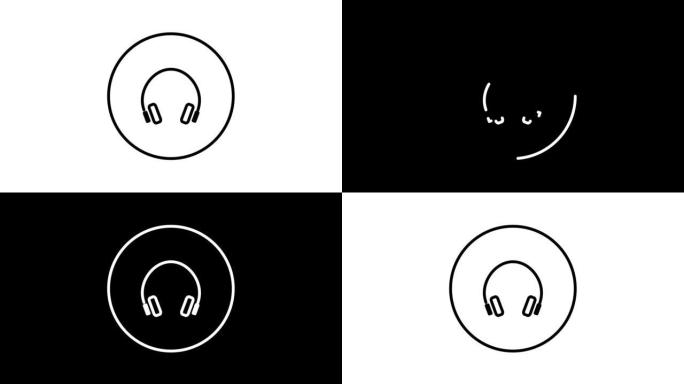 耳机内线图标圆圈，声音，听力，音频，黑色轮廓，线图标视频动画。