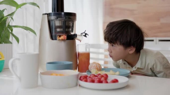 这个小男孩正在用电动榨汁机榨汁