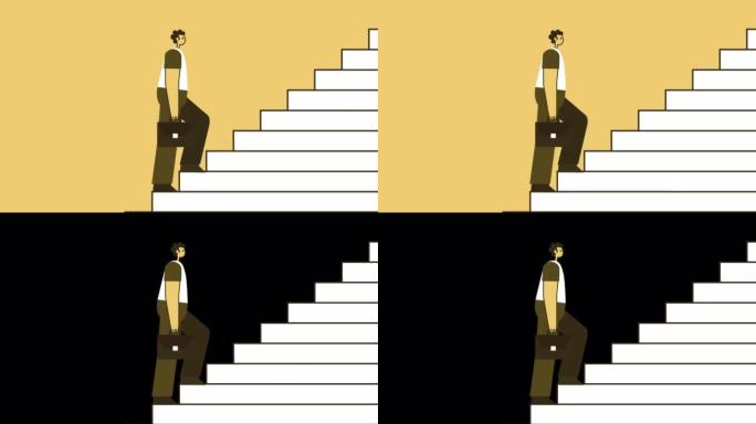 黄色风格的男人与公文包平字符爬楼梯步行周期。带有Alpha通道的孤立循环动画