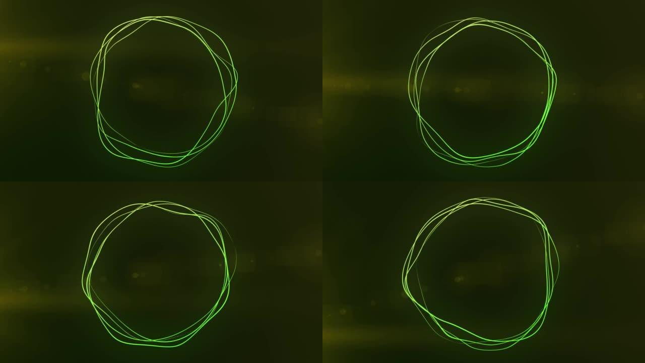 超高清4k抽象3D渲染霓虹灯圈。绿色霓虹灯圈抽象未来高科技运动背景。视频3d动画。3840x2160