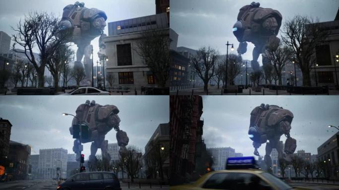一个巨大的机器人用它的激光摧毁并入侵了一个和平的城市。外星机器人入侵的世界末日气氛。动画非常适合世界
