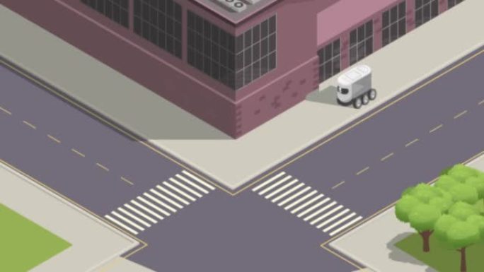 自动送货机器人骑在街上。智能传感技术。自动送货车辆是指自动驾驶，无需人工调解即可送货。2D平面动画。