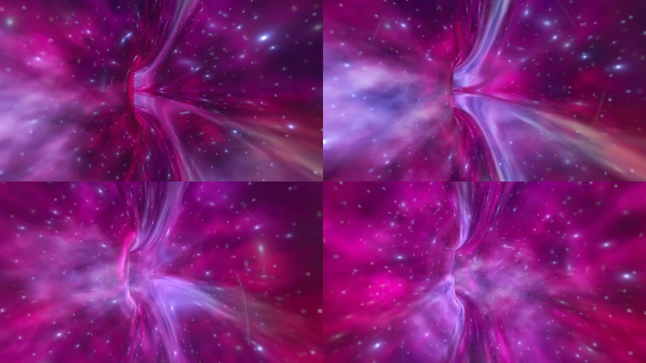 紫色宇宙背景上的虫洞或时空3d 4k动画快速飞行。快速互联网、超空间或传送的概念
