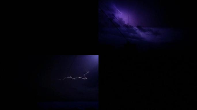 夜间城市上空的闪电，耀眼壮观的闪电，雷暴。镜头。Mp4。六秒。