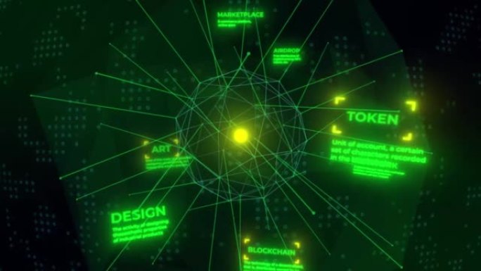 绿色连接点和线的大数据可视化动画。数字信息过程。抽象网络技术。4K
