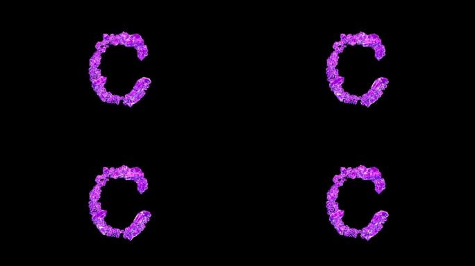 紫色宝石字母C在黑色孤立循环视频上带有动画反射