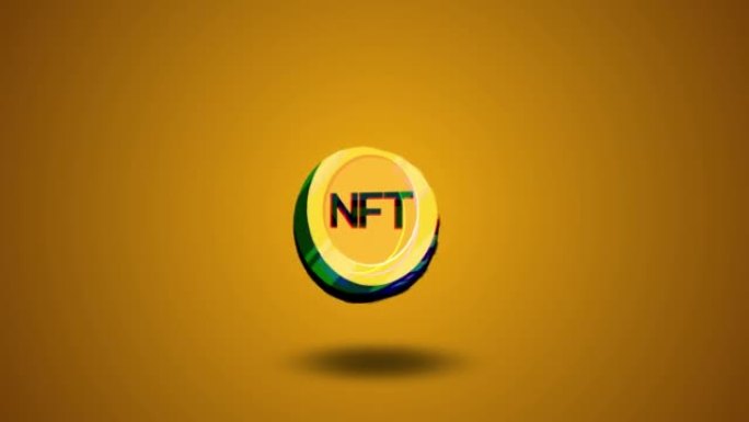 旋转NFT金币动画。毛刺效应。加密货币和区块链概念。4K