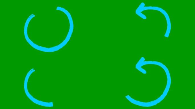 圆圈箭头的动画图标。蓝色符号。循环视频。手绘矢量插图孤立在绿色背景上。