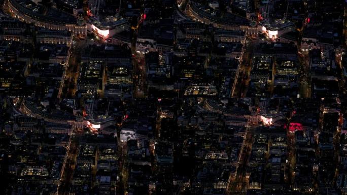 英国伦敦西区皮卡迪利广场夜间鸟瞰图。4K