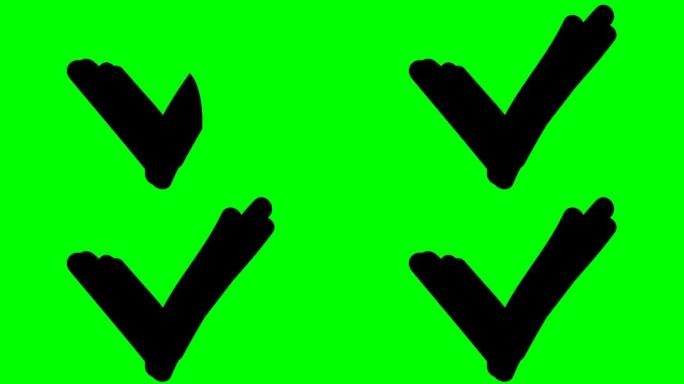 用记号笔绘制的复选标记的动画黑色图标。出现手绘符号。矢量插图孤立在绿色背景上。