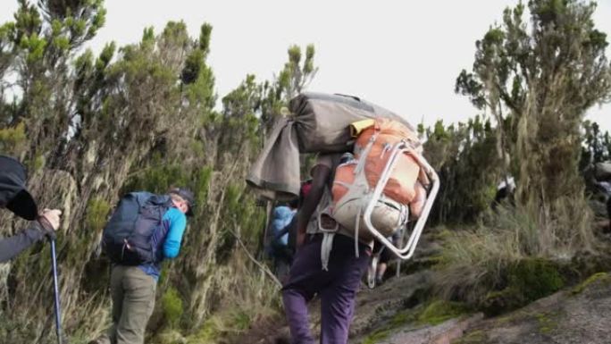 在攀登乞力马扎罗山的过程中，游客和搬运工一起爬进营地