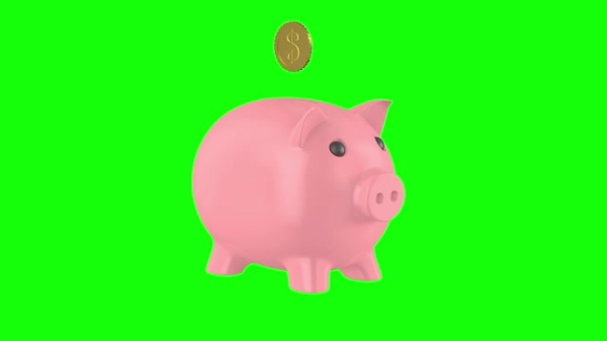 绿色背景上的粉色存钱罐。孤立的3D渲染