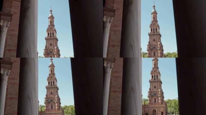塞维利亚西班牙城，西班牙广场，古建筑和遗产。垂直平移中的尖塔细节。