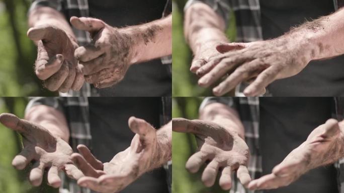 园丁破旧的手，农夫肮脏的手。干土在手，干旱。