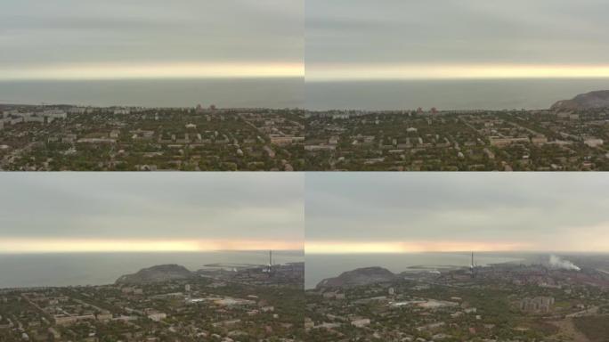 夏季的工业城市马里乌波尔。和平时期飞越城市。